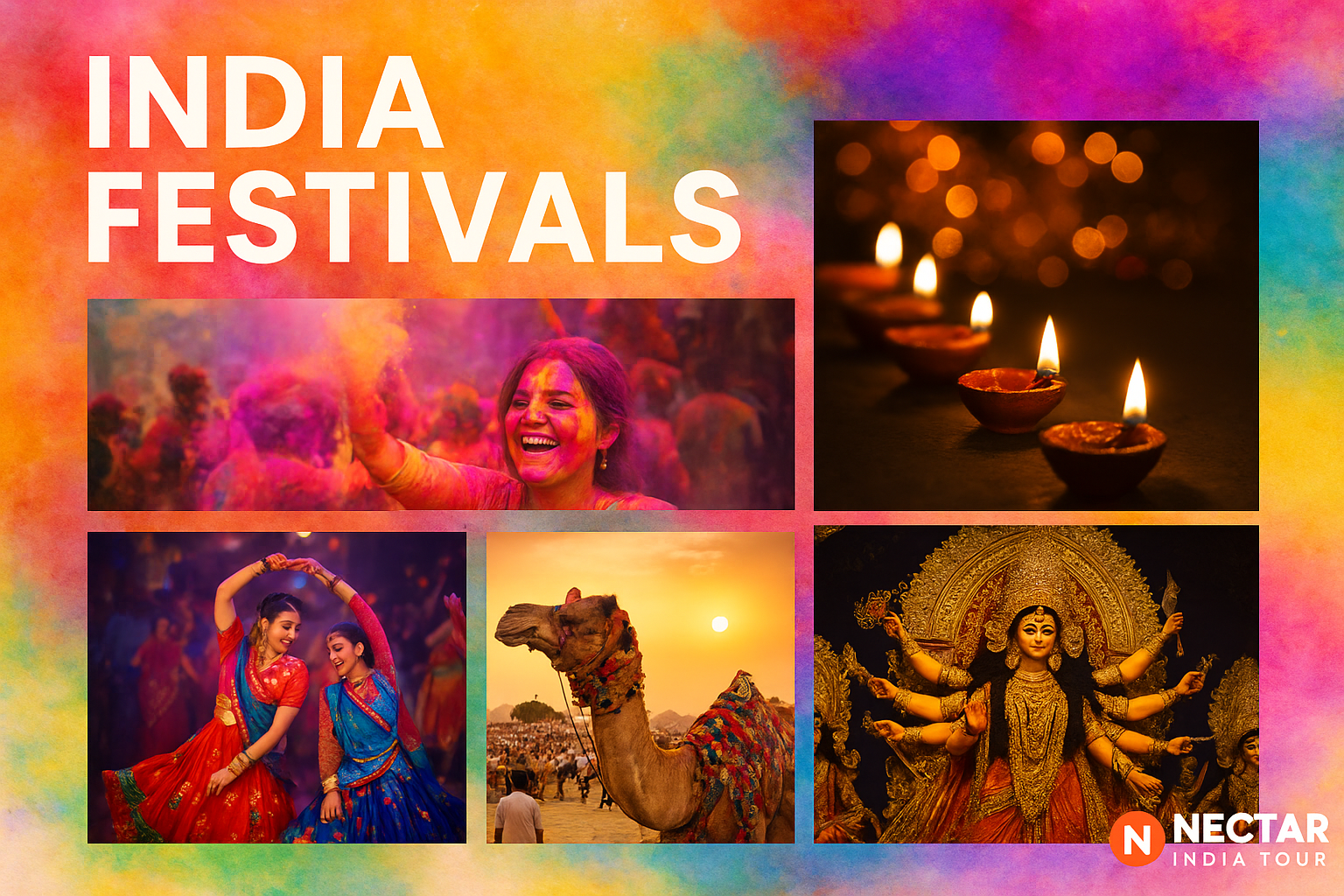 India festivals collage (Holi, Diwali, Navratri, Durga Puja, Pushkar Camel Fair)