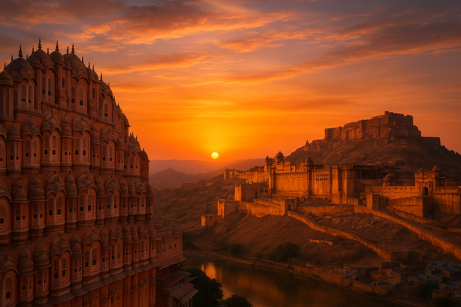 Rajasthan forts and palaces at sunset — Hawa Mahal, Amer Fort, Mehrangarh style
