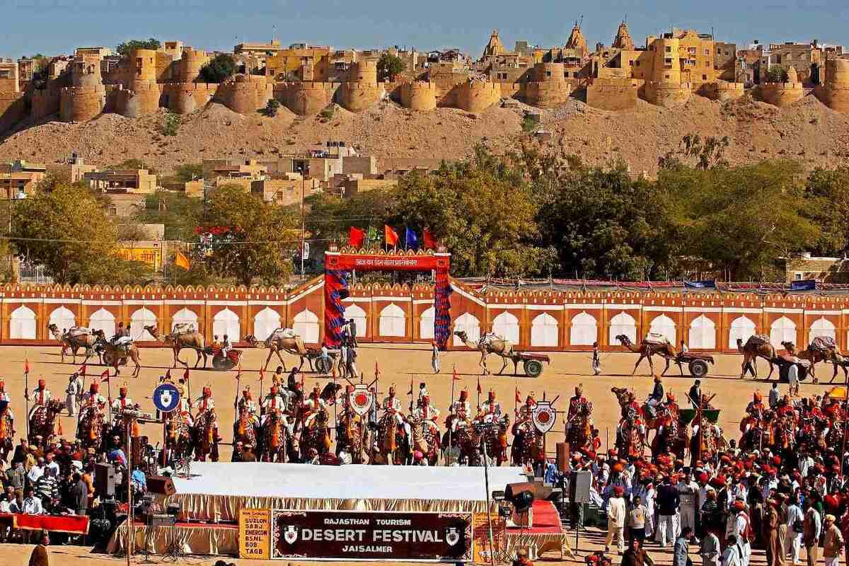 Camels and performers at Jaisalmer Desert Festival