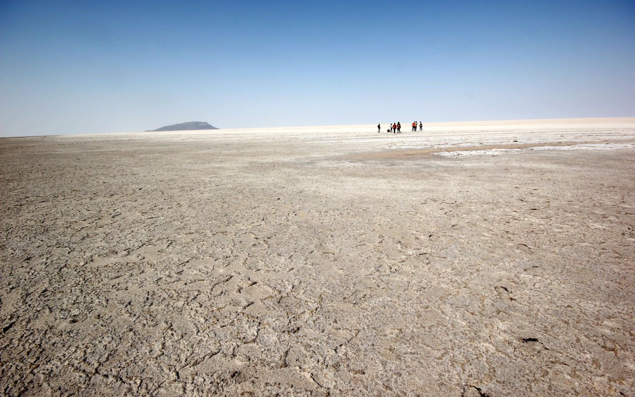 Tourists walking on the white desert at night