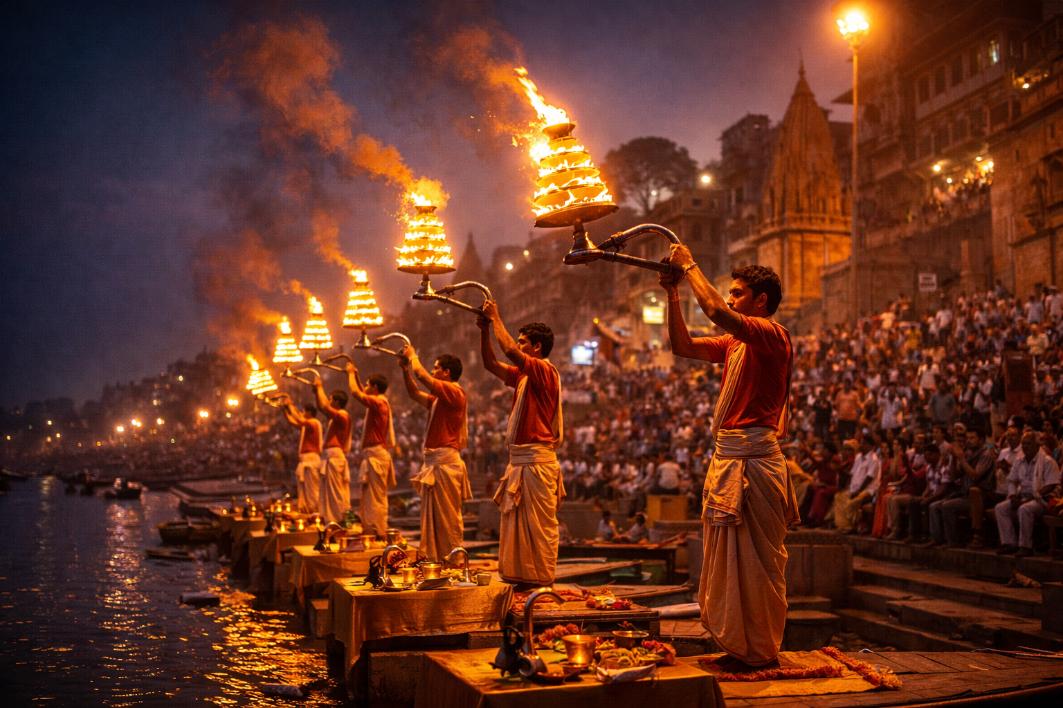 Priests performing Ganga Aarti ceremony in Varanasi