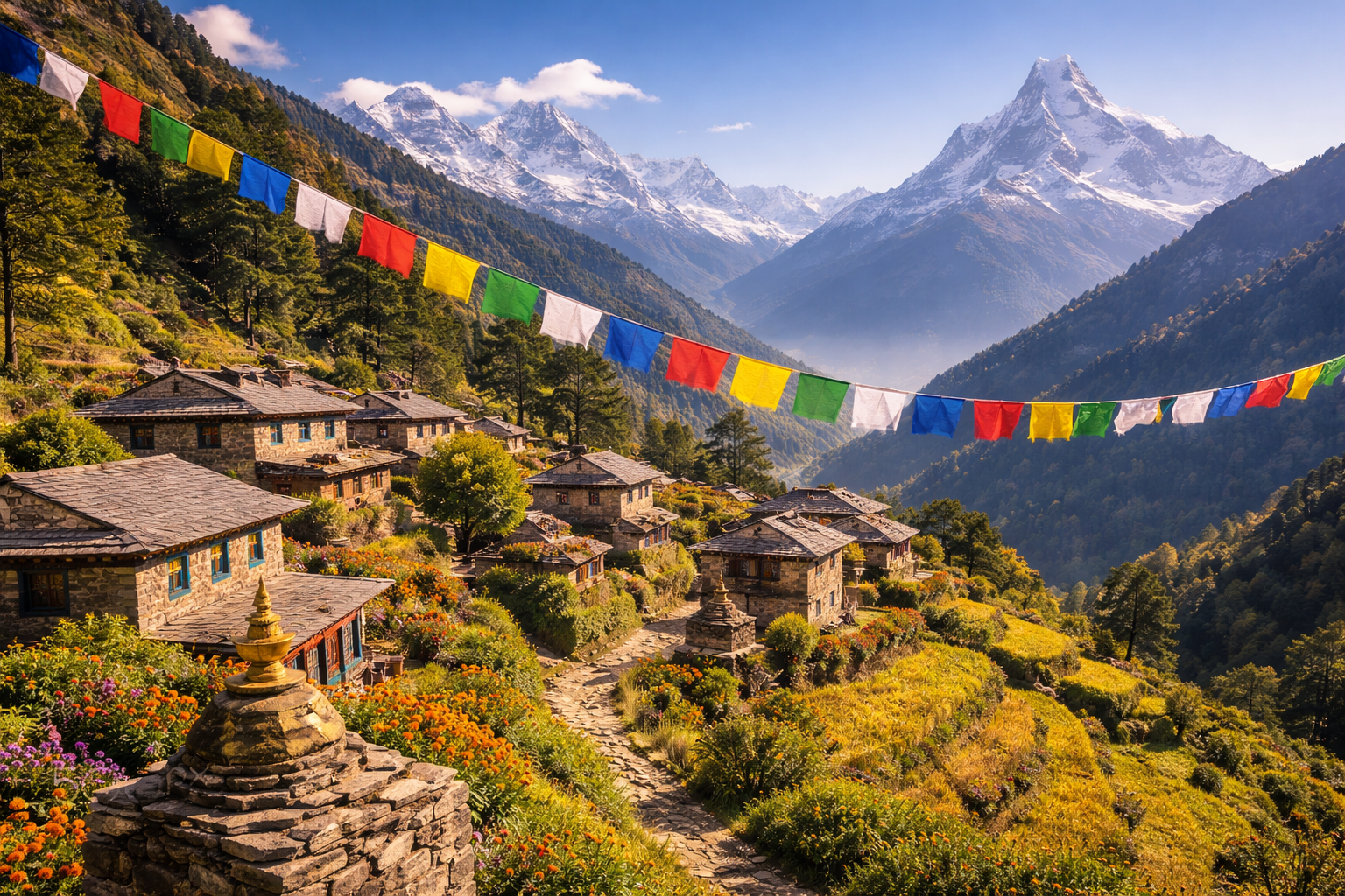 Traditional Himalayan village landscape