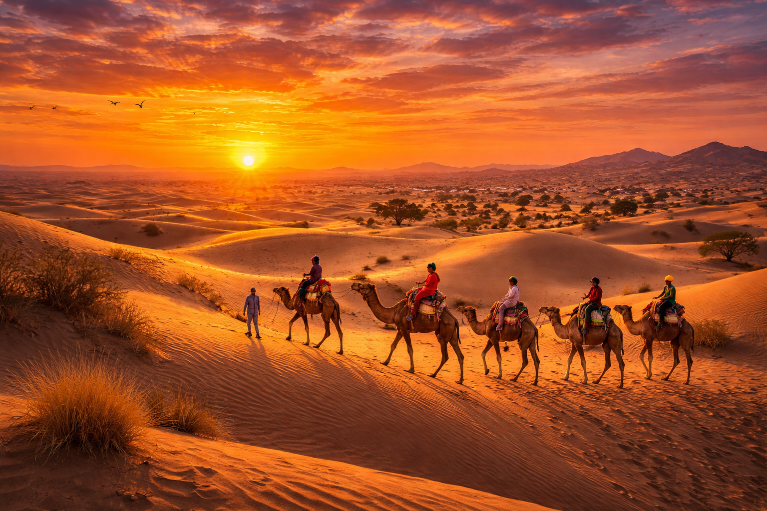 Camel safari in the Thar Desert at sunset