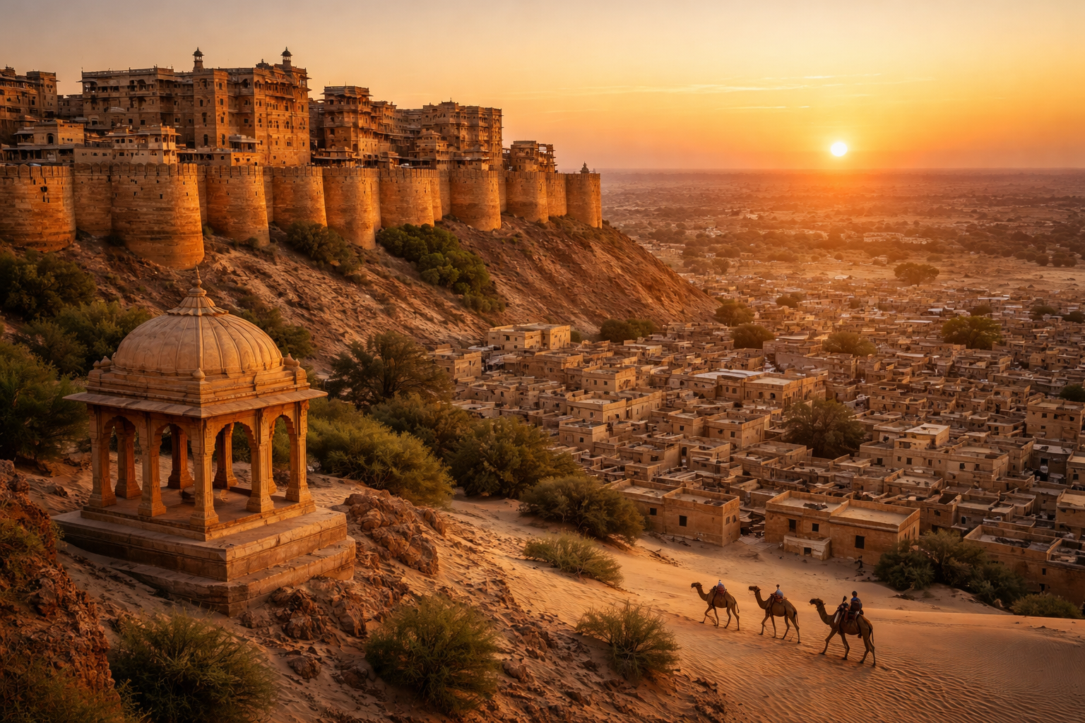 Golden sandstone fort overlooking Rajasthan desert landscape