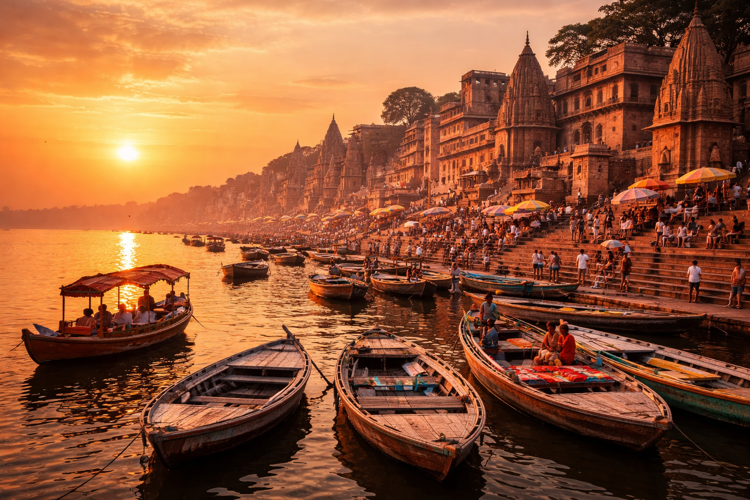 Boats along the ghats of Varanasi at sunrise